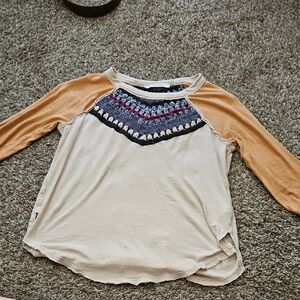 We The Free Beige and Orange Long Sleeve Top with Crochet Detail